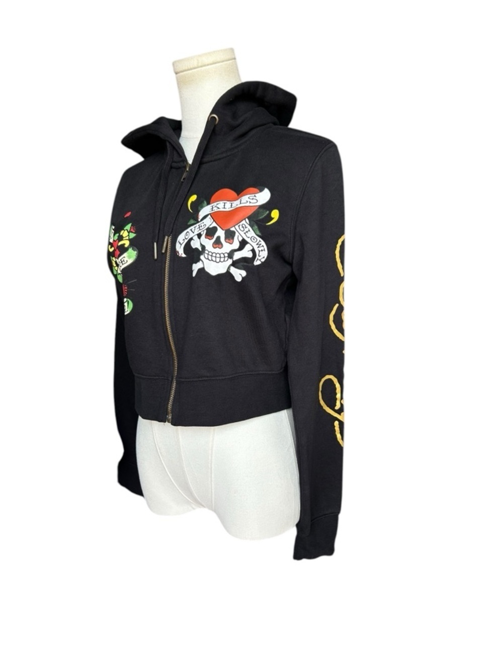Ed Hardy Zip Hoodie Womens Large Black Love Kills Slowly Skull Graphic Crop - Picture 9 of 12